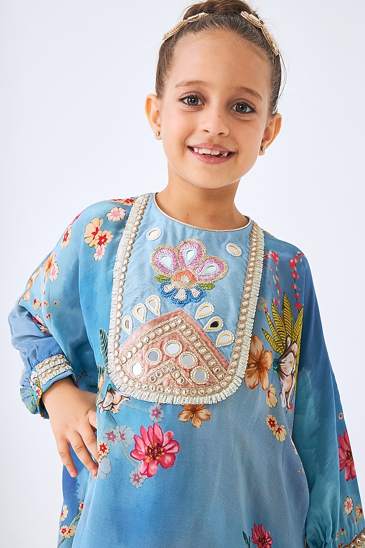 Blue Crepe Embroidered Co-Ord Set For Girls by Joey and Pooh Kids at Pernia's Pop Up Shop