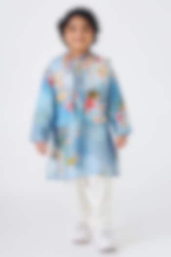 Blue Dupion & Velvet Printed Bundi Jacket Set For Boys by Joey & Pooh at Pernia's Pop Up Shop