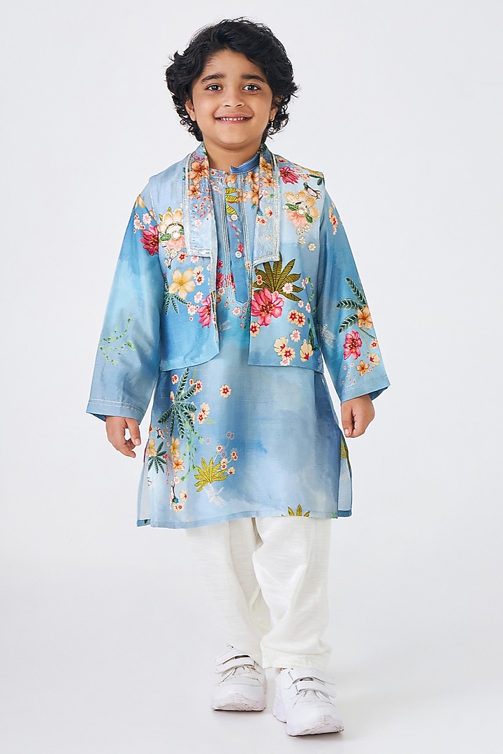 Blue Dupion & Velvet Printed Bundi Jacket Set For Boys by Joey & Pooh at Pernia's Pop Up Shop