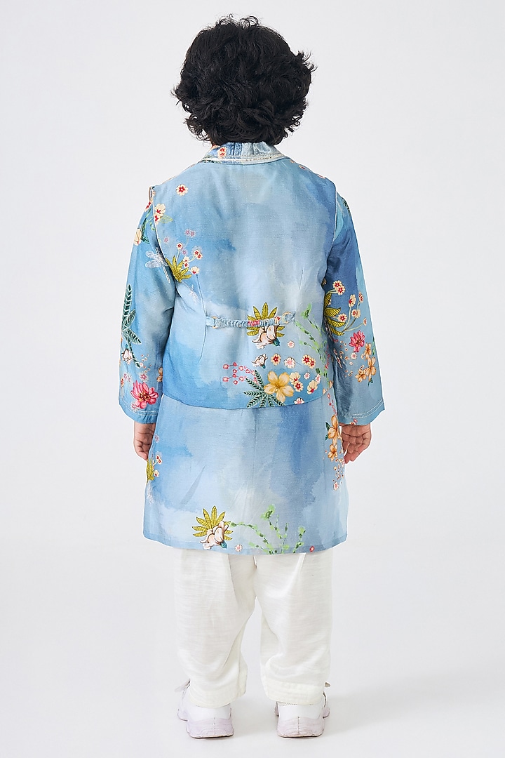 Blue Dupion & Velvet Printed Bundi Jacket Set For Boys by Joey and Pooh Kids at Pernia's Pop Up Shop