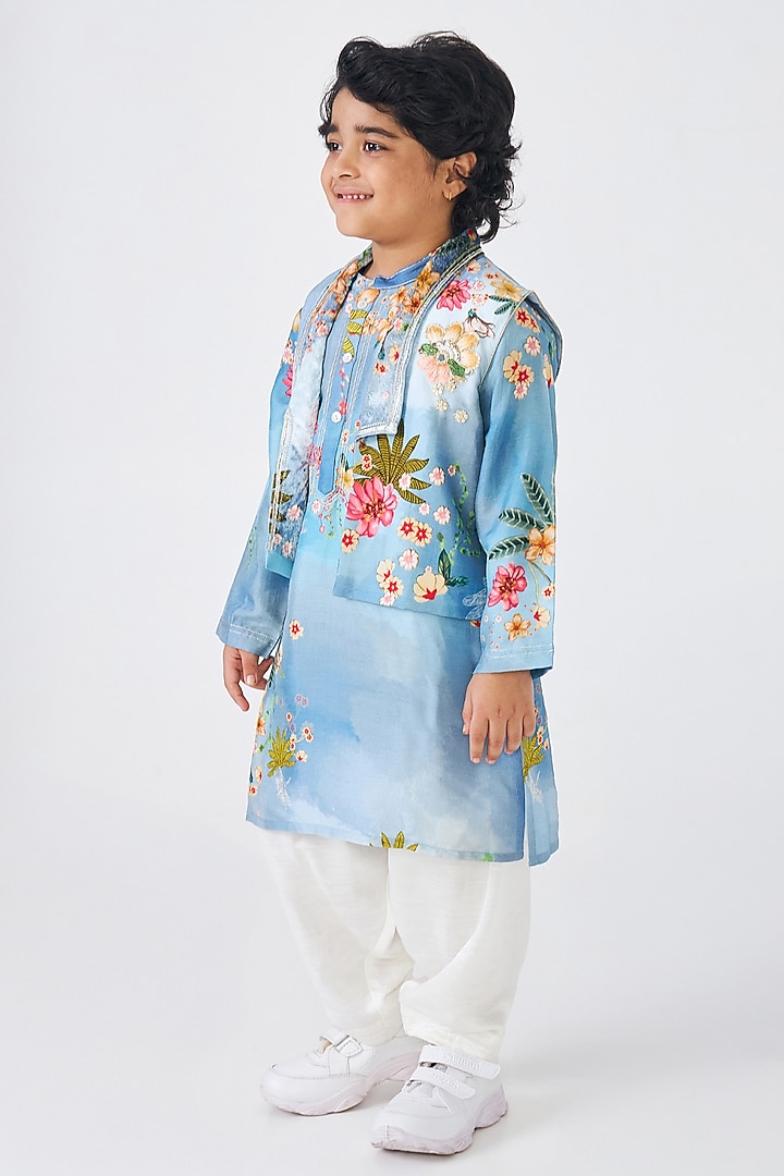 Blue Dupion & Velvet Printed Bundi Jacket Set For Boys by Joey and Pooh Kids at Pernia's Pop Up Shop