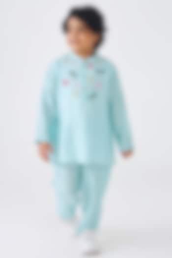 Turquoise Dupion Silk Embroidered Kurta Set For Boys by Joey & Pooh at Pernia's Pop Up Shop
