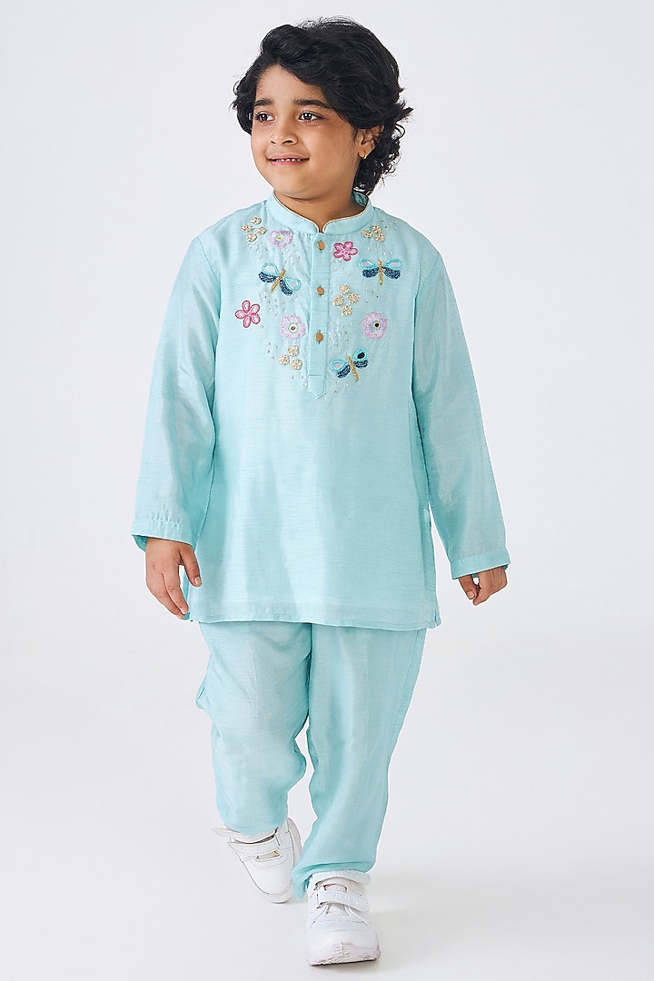 Turquoise Dupion Silk Embroidered Kurta Set For Boys by Joey & Pooh at Pernia's Pop Up Shop
