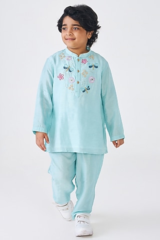 Turquoise Dupion Silk Embroidered Kurta Set For Boys by Joey and Pooh Kids