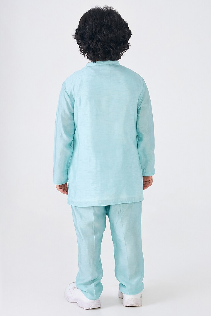 Turquoise Dupion Silk Embroidered Kurta Set For Boys by Joey and Pooh Kids at Pernia's Pop Up Shop