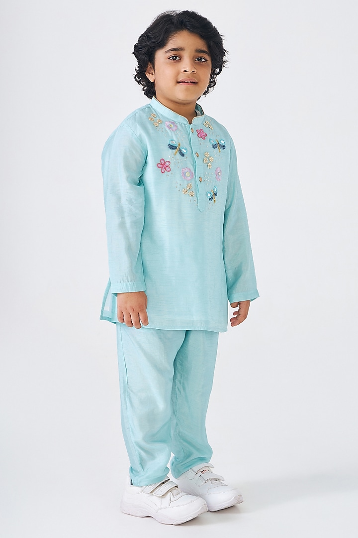 Turquoise Dupion Silk Embroidered Kurta Set For Boys by Joey and Pooh Kids at Pernia's Pop Up Shop