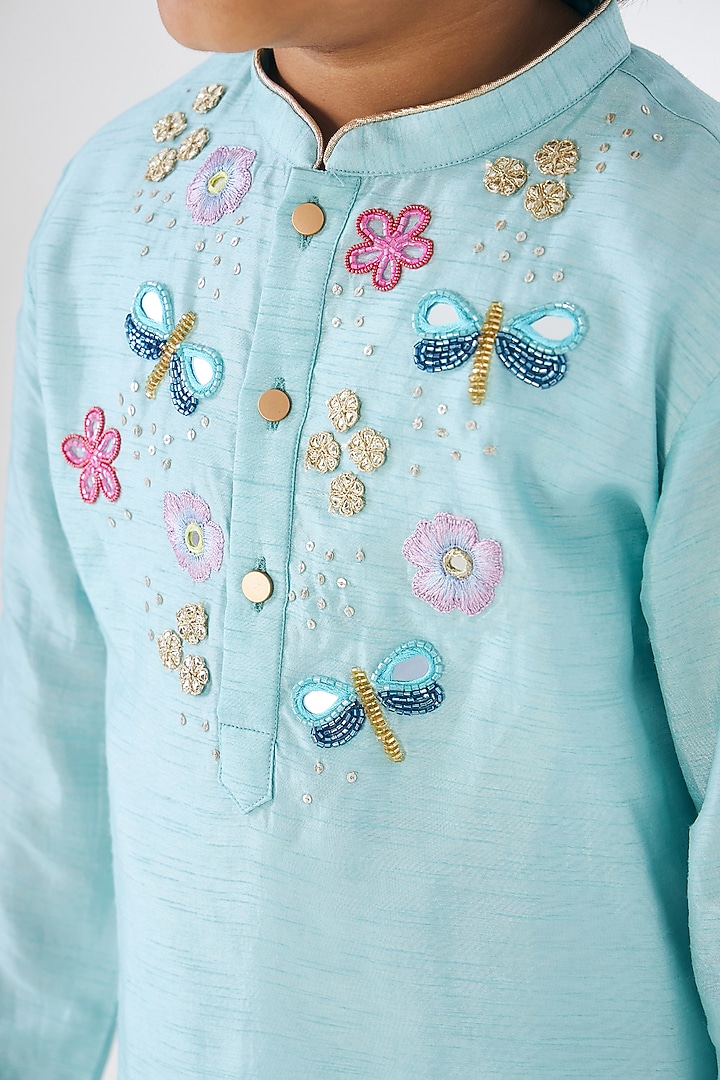 Turquoise Dupion Silk Embroidered Kurta Set For Boys by Joey and Pooh Kids at Pernia's Pop Up Shop
