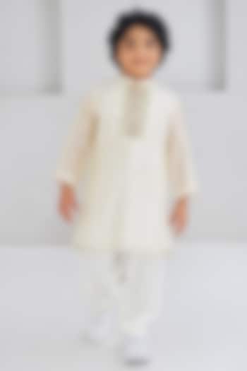 Off-White Viscose Tissue Silk Embroidered Kurta Set For Boys by Joey & Pooh at Pernia's Pop Up Shop