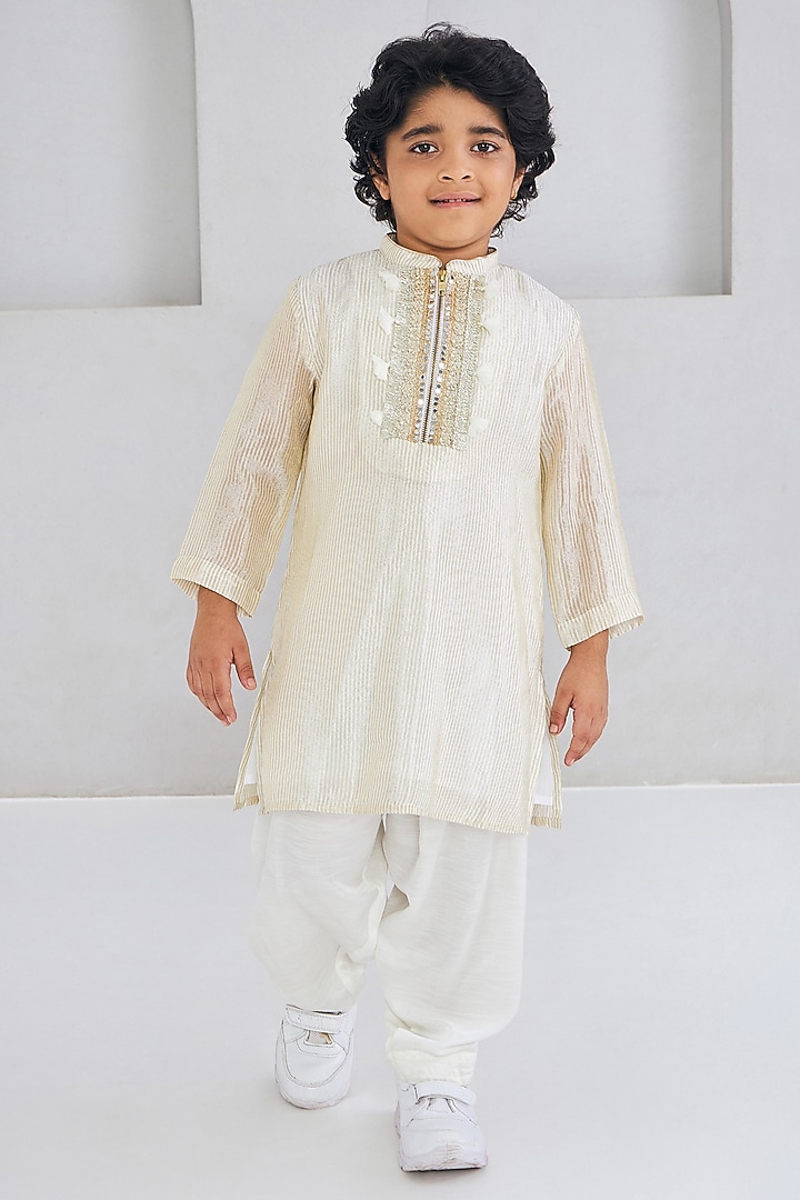 Off-White Viscose Tissue Silk Embroidered Kurta Set For Boys by Joey & Pooh at Pernia's Pop Up Shop