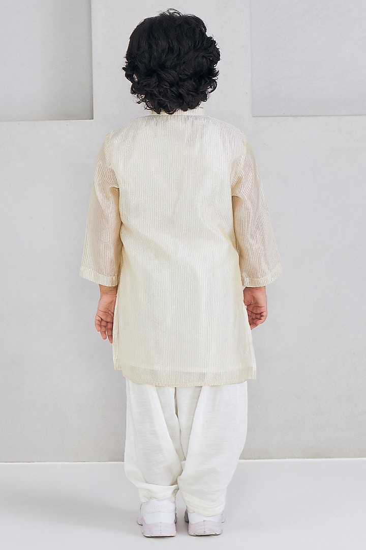 Off-White Viscose Tissue Silk Embroidered Kurta Set For Boys by Joey and Pooh Kids at Pernia's Pop Up Shop