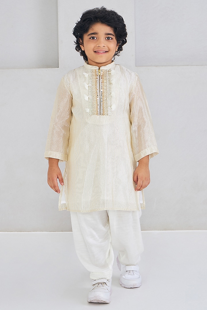 Off-White Viscose Tissue Silk Embroidered Kurta Set For Boys by Joey and Pooh Kids at Pernia's Pop Up Shop
