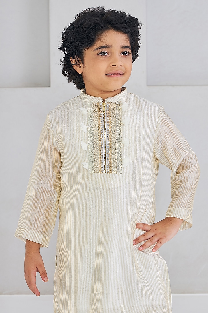 Off-White Viscose Tissue Silk Embroidered Kurta Set For Boys by Joey and Pooh Kids at Pernia's Pop Up Shop