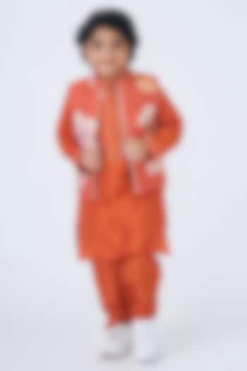 Orange Cotton Chanderi Printed & Embellished Nehru Jacket Set For Boys by Joey & Pooh at Pernia's Pop Up Shop