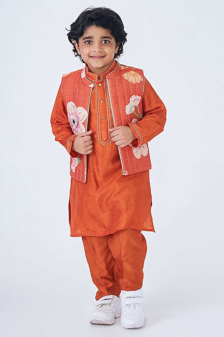Orange Cotton Chanderi Printed & Embellished Nehru Jacket Set For Boys by Joey & Pooh at Pernia's Pop Up Shop