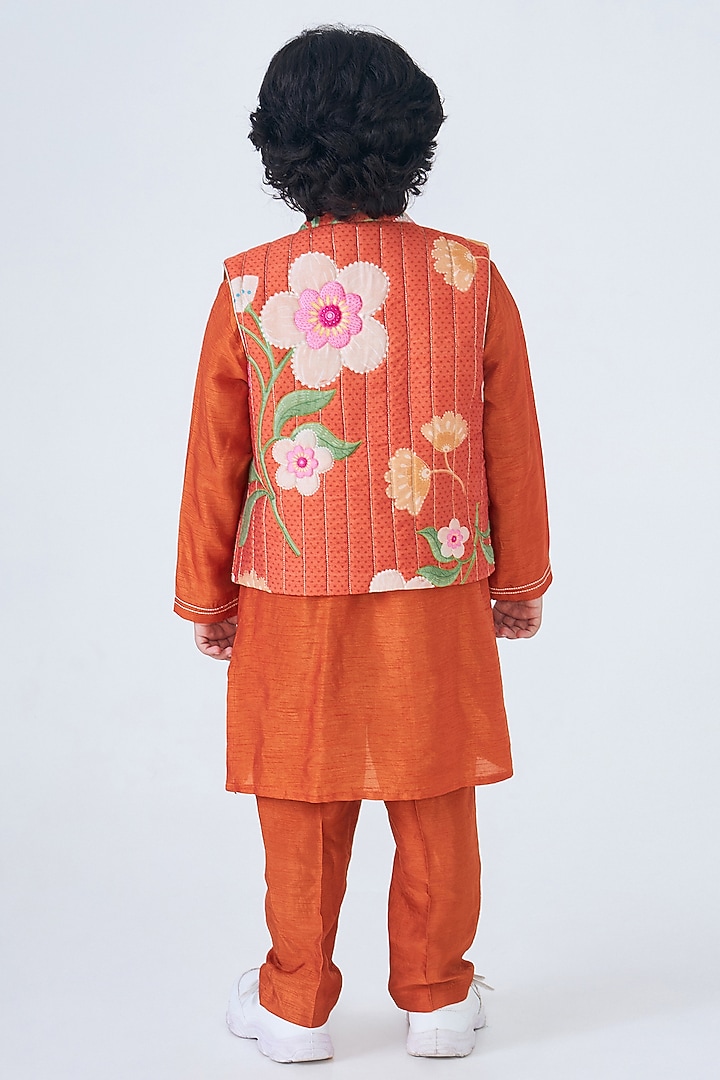 Orange Cotton Chanderi Printed & Embellished Nehru Jacket Set For Boys by Joey and Pooh Kids at Pernia's Pop Up Shop
