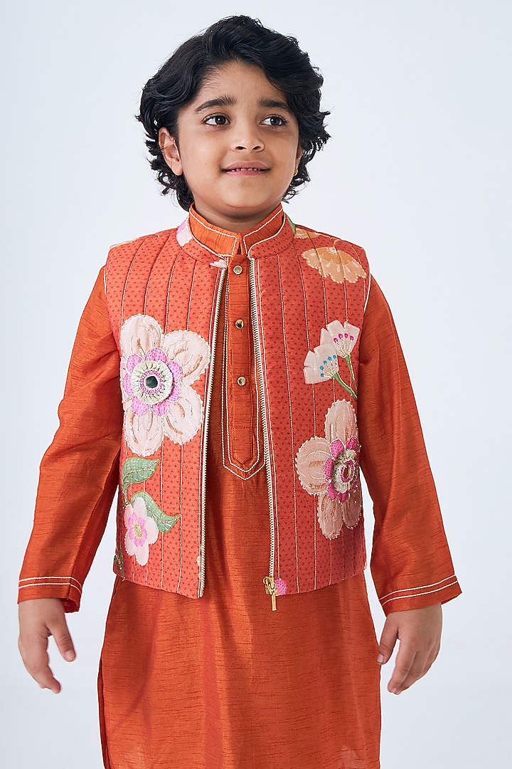 Orange Cotton Chanderi Printed & Embellished Nehru Jacket Set For Boys by Joey and Pooh Kids at Pernia's Pop Up Shop