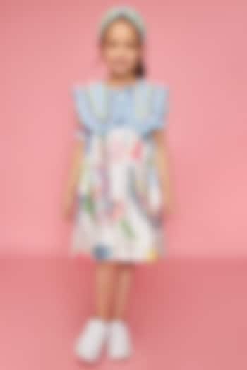 White Cotton Chanderi Printed & Hand Embroidered Dress For Girls by Joey and Pooh Kids at Pernia's Pop Up Shop