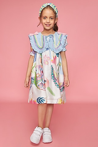 White Cotton Chanderi Printed & Hand Embroidered Dress For Girls by Joey and Pooh Kids