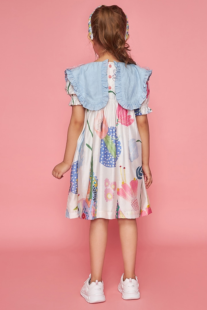White Cotton Chanderi Printed & Hand Embroidered Dress For Girls by Joey and Pooh Kids at Pernia's Pop Up Shop