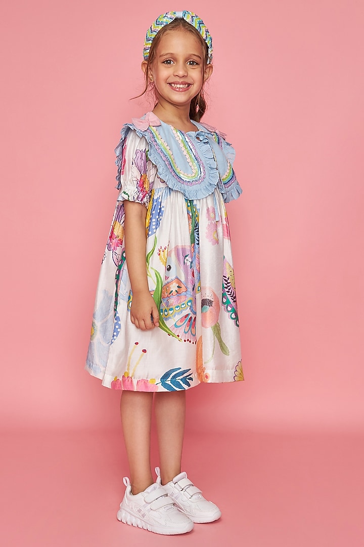 White Cotton Chanderi Printed & Hand Embroidered Dress For Girls by Joey and Pooh Kids at Pernia's Pop Up Shop