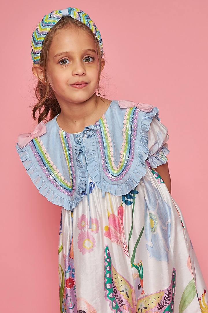 White Cotton Chanderi Printed & Hand Embroidered Dress For Girls by Joey and Pooh Kids at Pernia's Pop Up Shop
