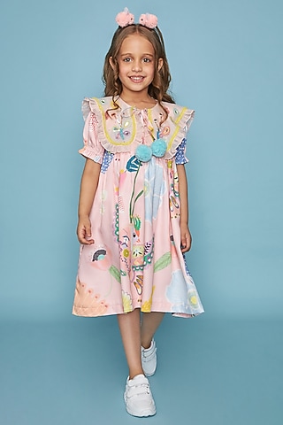 Pink Cotton Chanderi Printed & Mirror Embroidered Dress For Girls by Joey and Pooh Kids