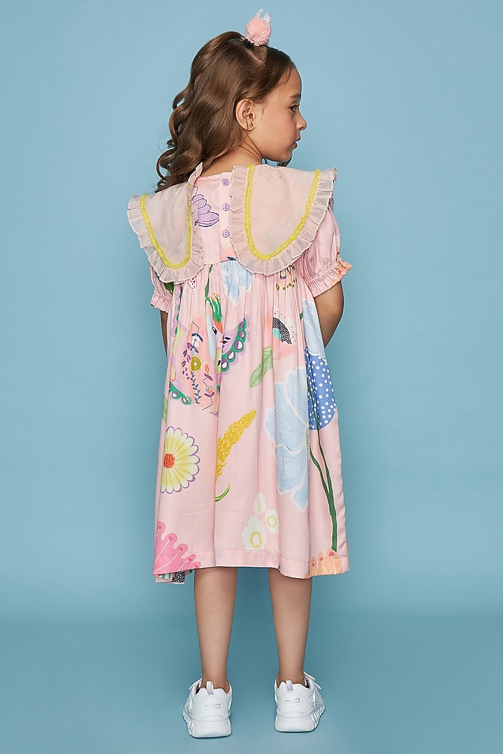 Pink Cotton Chanderi Printed & Mirror Embroidered Dress For Girls by Joey and Pooh Kids at Pernia's Pop Up Shop