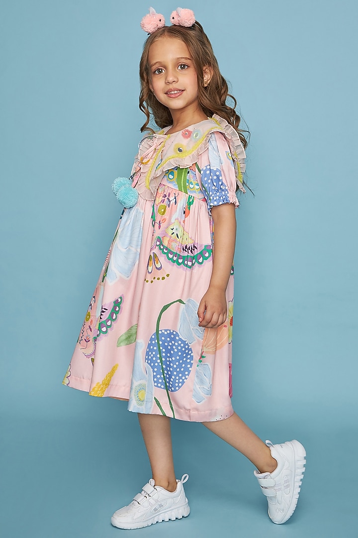 Pink Cotton Chanderi Printed & Mirror Embroidered Dress For Girls by Joey and Pooh Kids at Pernia's Pop Up Shop