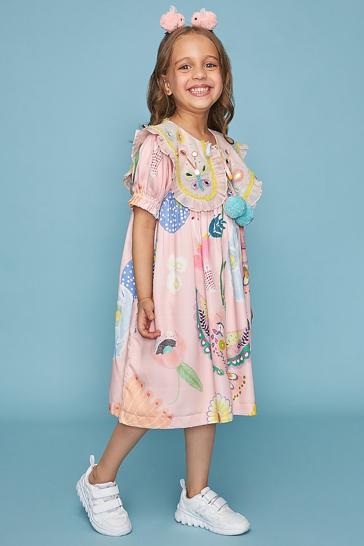 Pink Cotton Chanderi Printed & Mirror Embroidered Dress For Girls by Joey and Pooh Kids at Pernia's Pop Up Shop