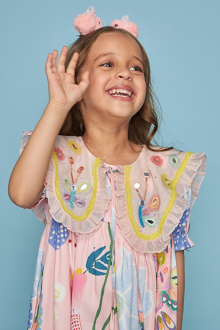 Pink Cotton Chanderi Printed & Mirror Embroidered Dress For Girls by Joey and Pooh Kids at Pernia's Pop Up Shop