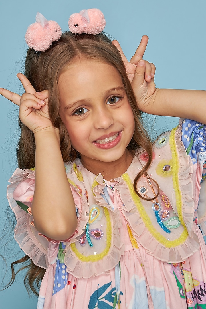 Pink Cotton Chanderi Printed & Mirror Embroidered Dress For Girls by Joey and Pooh Kids at Pernia's Pop Up Shop