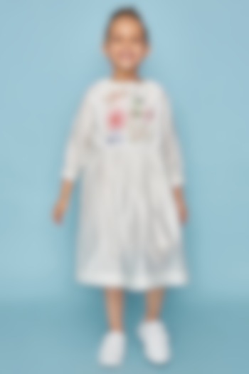 White Cotton Chanderi Mirror Hand Embroidered Dress For Girls by Joey and Pooh Kids at Pernia's Pop Up Shop