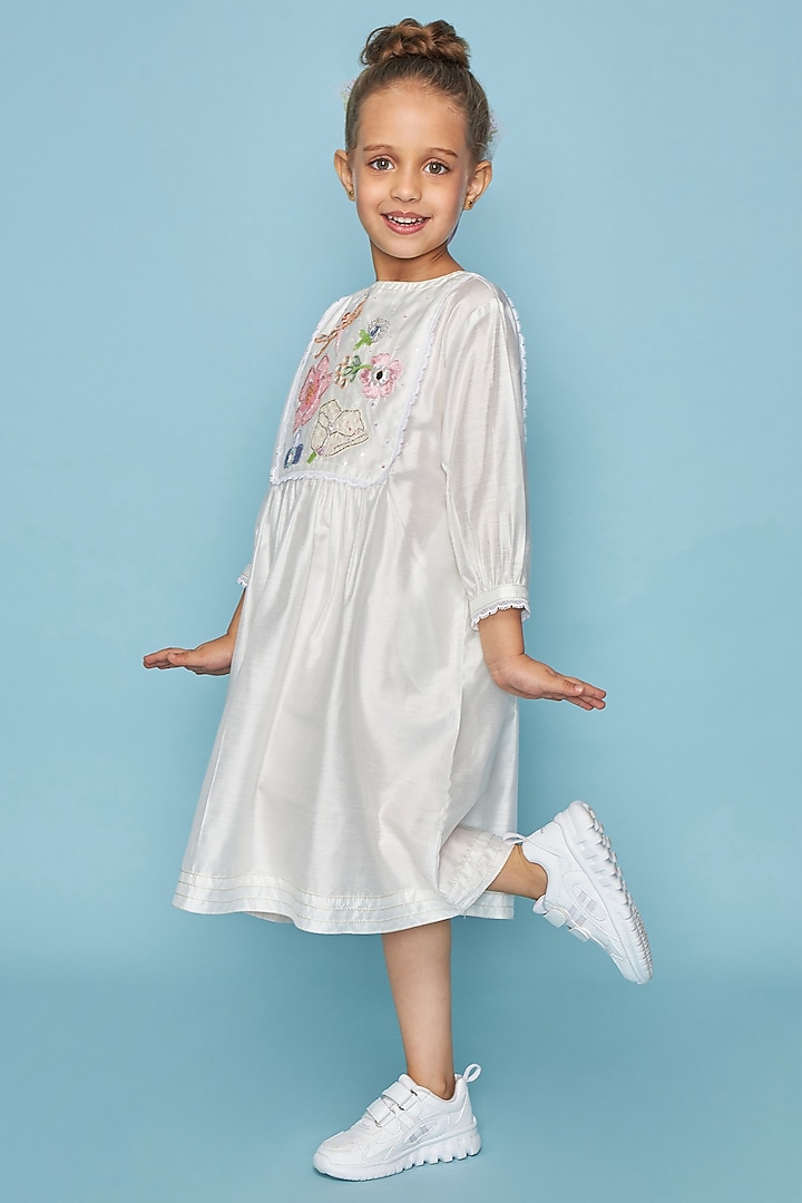 White Cotton Chanderi Mirror Hand Embroidered Dress For Girls by Joey and Pooh Kids at Pernia's Pop Up Shop