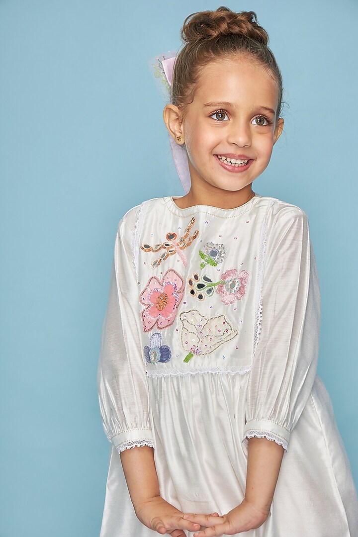 White Cotton Chanderi Mirror Hand Embroidered Dress For Girls by Joey and Pooh Kids at Pernia's Pop Up Shop