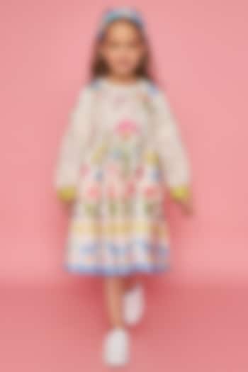 Off-White Cotton Chanderi Hand Embroidered Dress For Girls by Joey and Pooh Kids at Pernia's Pop Up Shop
