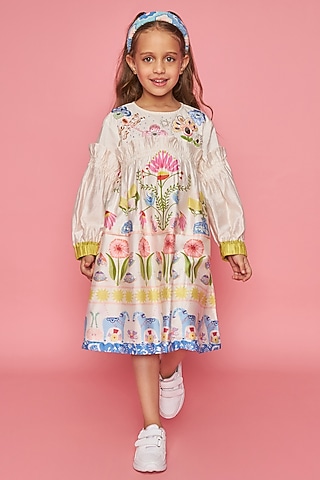Off-White Cotton Chanderi Hand Embroidered Dress For Girls by Joey and Pooh Kids