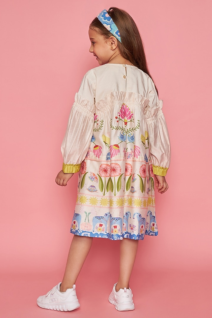 Off-White Cotton Chanderi Hand Embroidered Dress For Girls by Joey and Pooh Kids at Pernia's Pop Up Shop