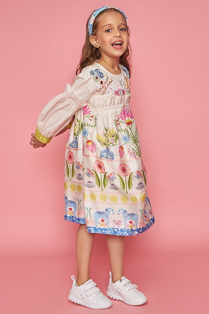 Off-White Cotton Chanderi Hand Embroidered Dress For Girls by Joey and Pooh Kids at Pernia's Pop Up Shop