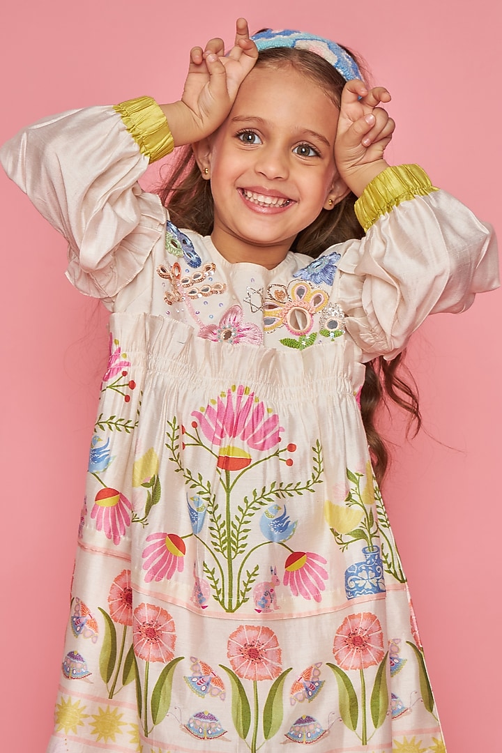 Off-White Cotton Chanderi Hand Embroidered Dress For Girls by Joey and Pooh Kids at Pernia's Pop Up Shop