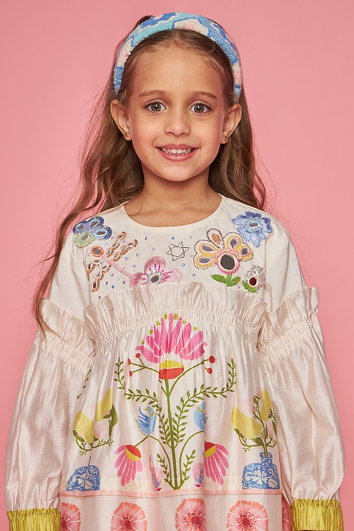 Off-White Cotton Chanderi Hand Embroidered Dress For Girls by Joey and Pooh Kids at Pernia's Pop Up Shop