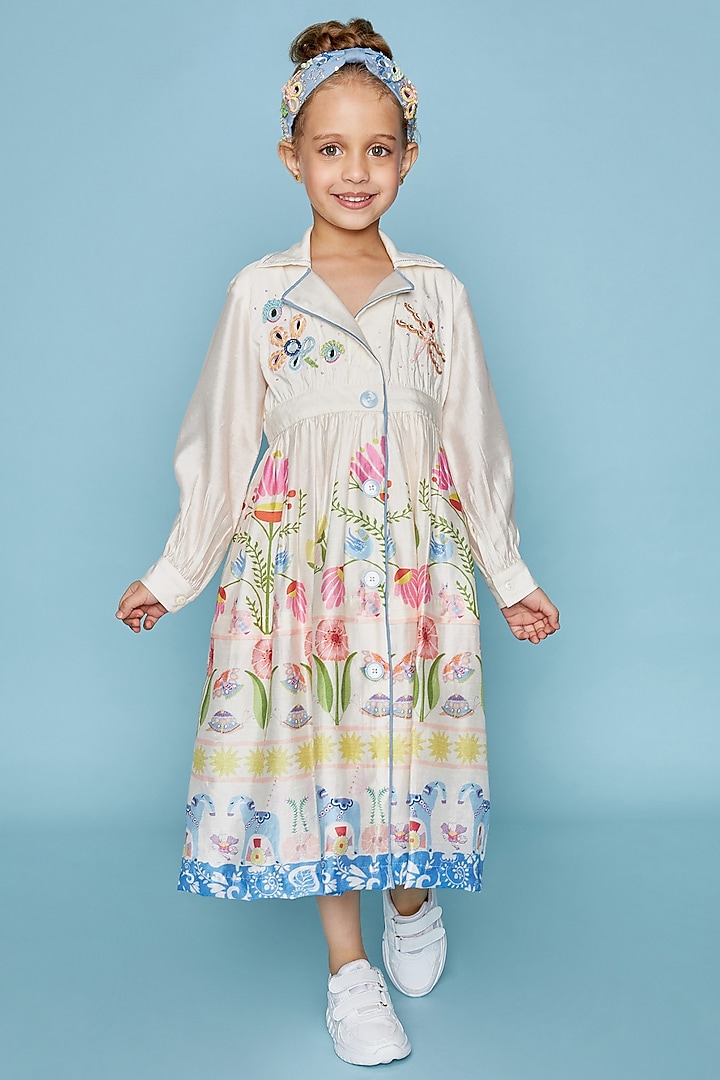 Off-White Cotton Chanderi Embellished Dress For Girls by Joey and Pooh Kids at Pernia's Pop Up Shop