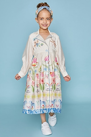 Off-White Cotton Chanderi Embellished Dress For Girls by Joey and Pooh Kids
