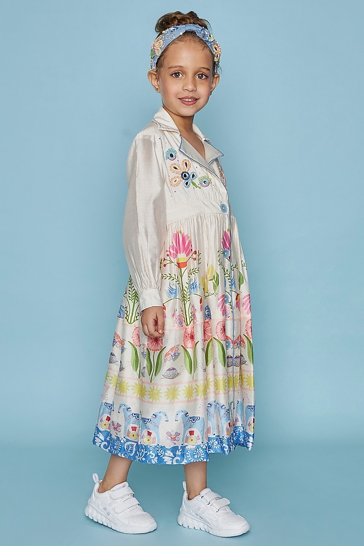 Off-White Cotton Chanderi Embellished Dress For Girls by Joey and Pooh Kids at Pernia's Pop Up Shop
