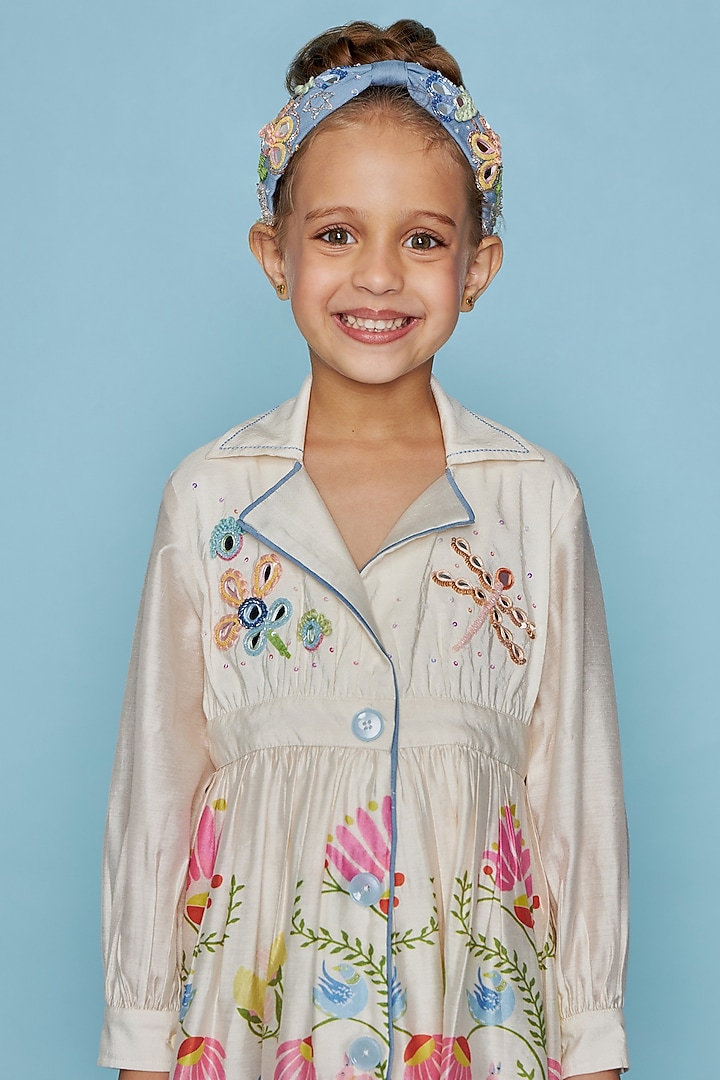 Off-White Cotton Chanderi Embellished Dress For Girls by Joey and Pooh Kids at Pernia's Pop Up Shop