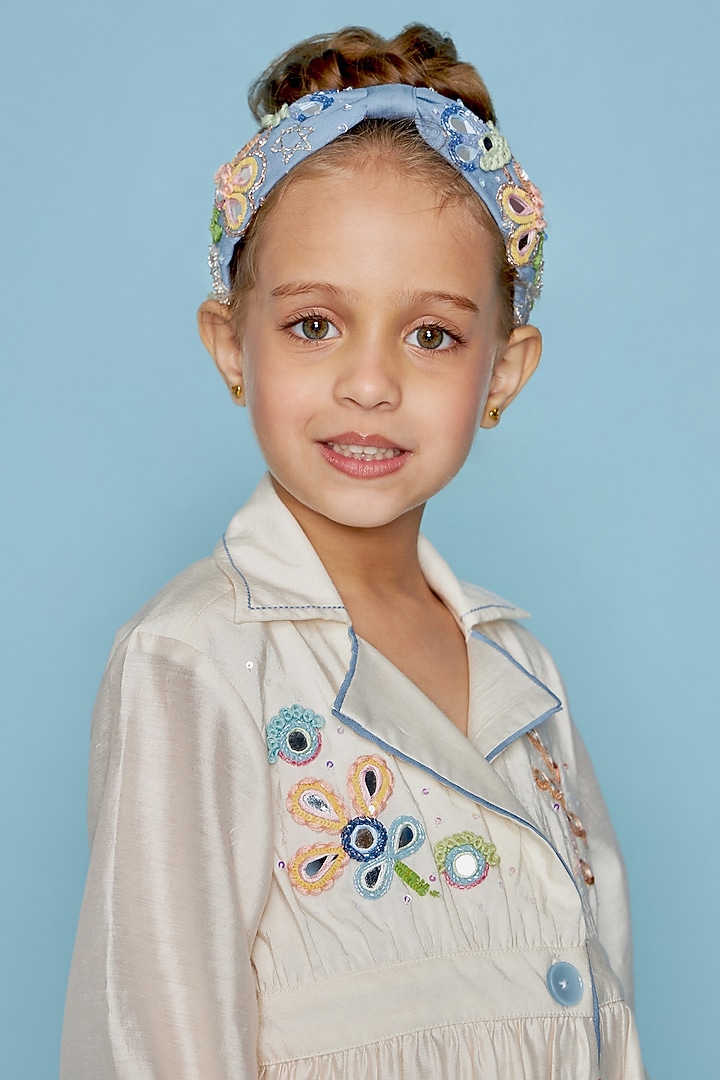Off-White Cotton Chanderi Embellished Dress For Girls by Joey and Pooh Kids at Pernia's Pop Up Shop