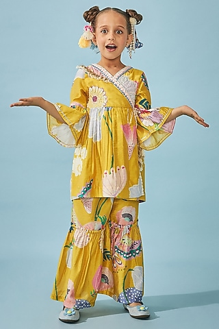 Yellow Cotton Chanderi Printed & Mirror Embroidered Co-Ord Set For Girls by Joey and Pooh Kids