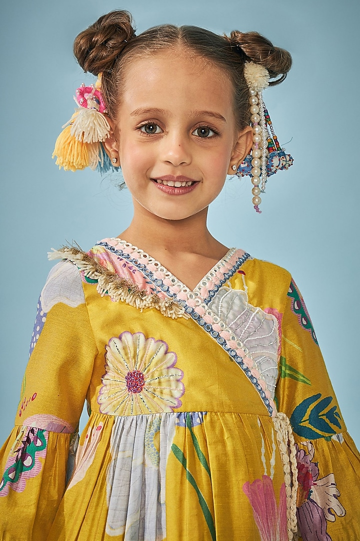 Yellow Cotton Chanderi Printed & Mirror Embroidered Co-Ord Set For Girls by Joey and Pooh Kids at Pernia's Pop Up Shop