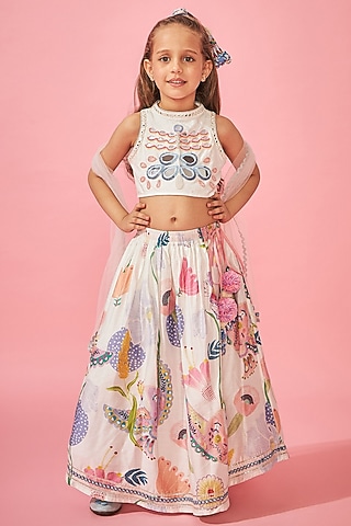 White Cotton Chanderi Printed Lehenga Set For Girls by Joey and Pooh Kids
