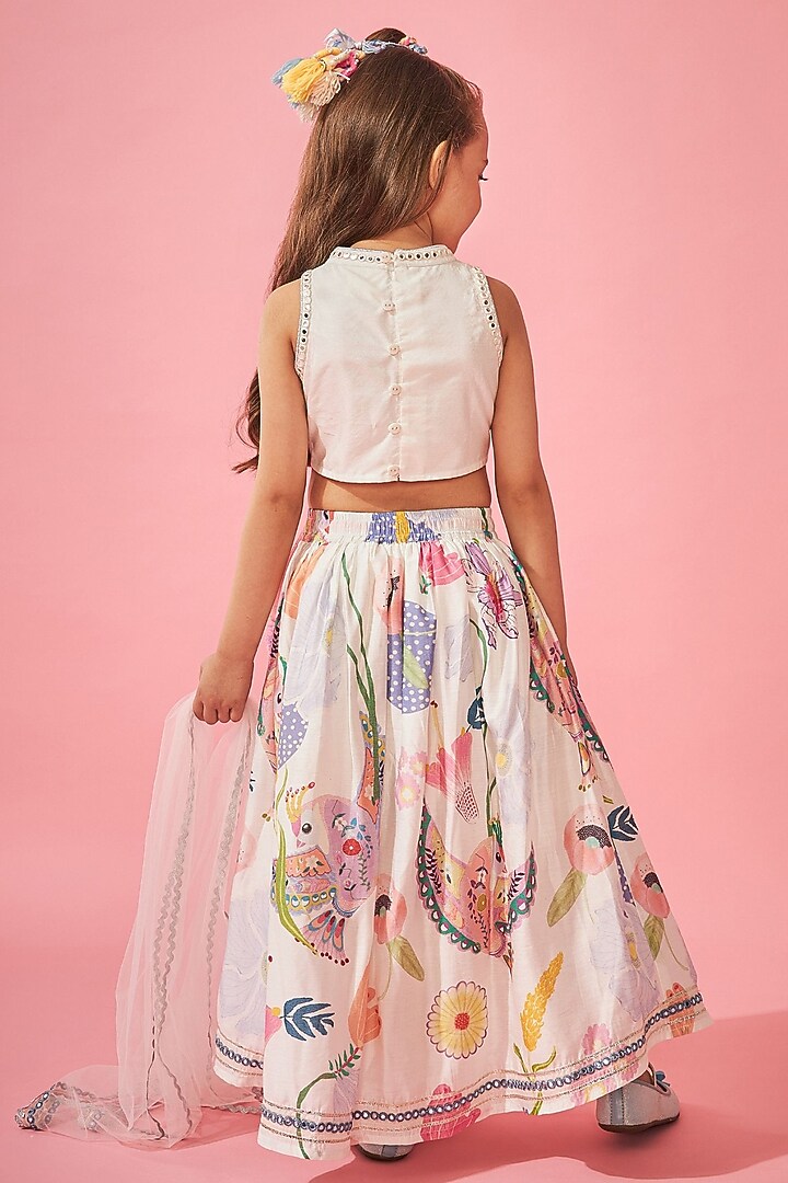 White Cotton Chanderi Printed Lehenga Set For Girls by Joey and Pooh Kids at Pernia's Pop Up Shop