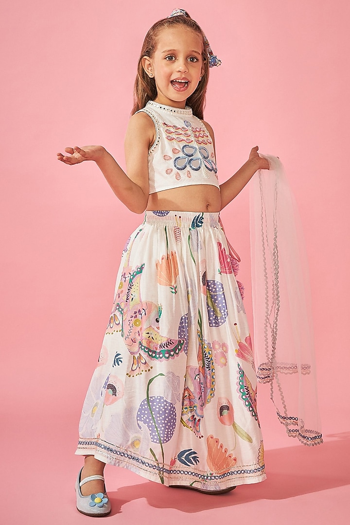White Cotton Chanderi Printed Lehenga Set For Girls by Joey and Pooh Kids at Pernia's Pop Up Shop